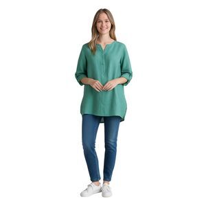 TAHARI Women’s Linen Button Front Tunic Top 2X Teal Green Long Sleeve Blouse